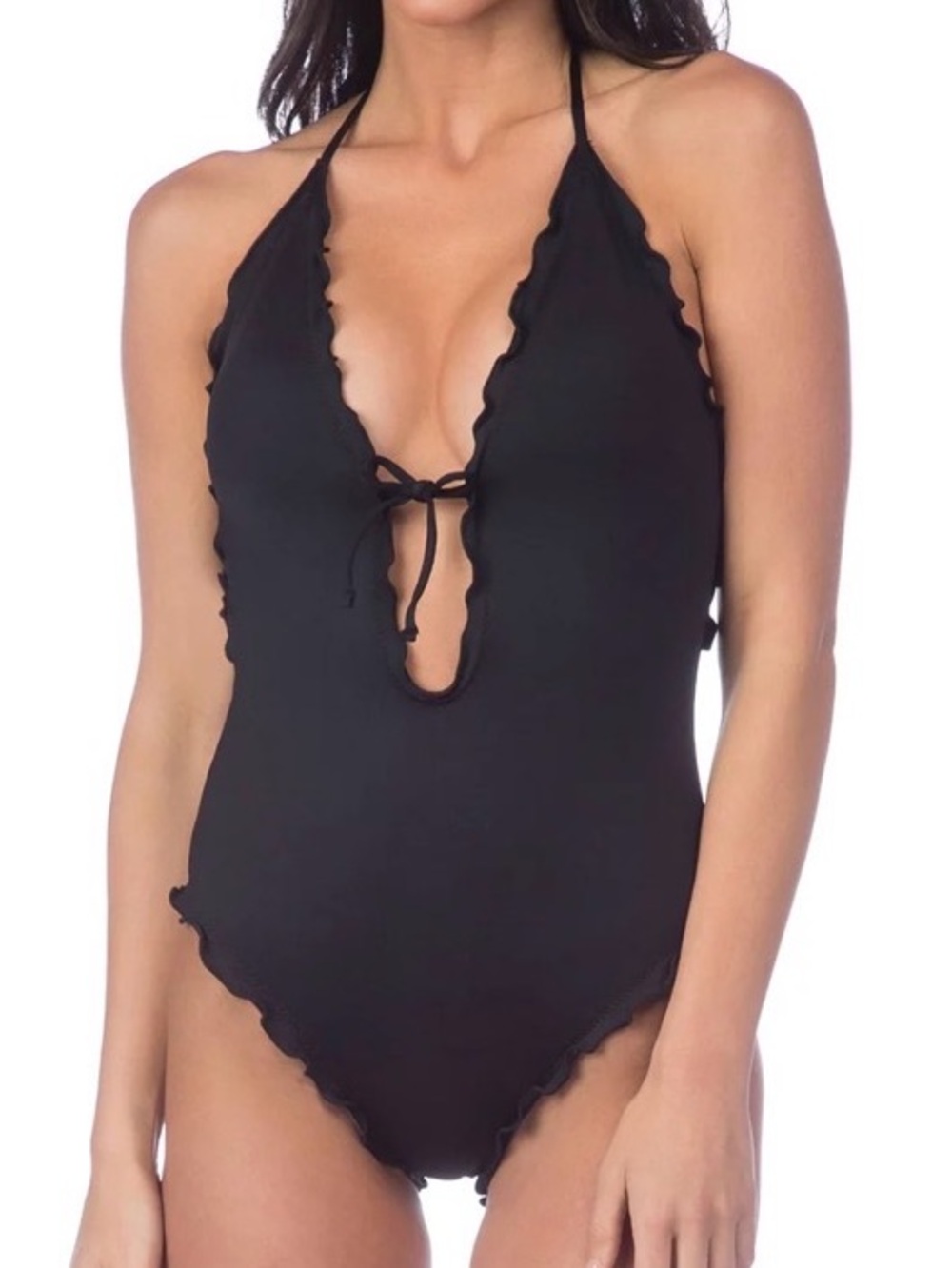 La Blanca Island Black Ruffle Deep V One-Piece Swimsuit Ruched Medium M